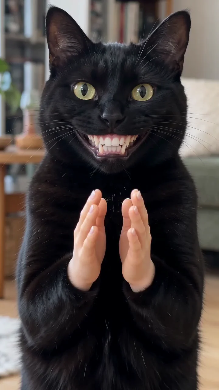 Black Cat Clapping AI video: a black cat with human hands grinning and clapping at the camera