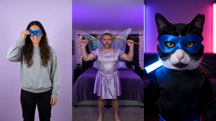 Nightwing AI video: a person in a black suit with glowing blue batons